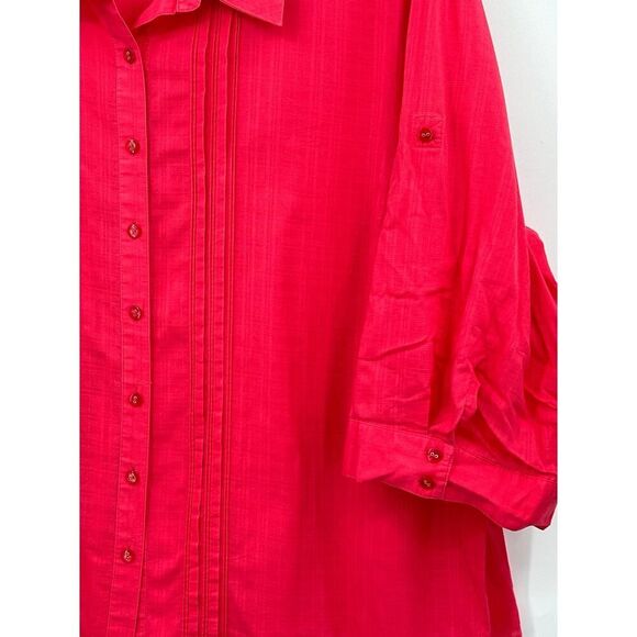 Koret 100% Cotton Button Down Blouse Coral Red 1/2 Roll Tab Sleeve Womens 3X - Picture 5 of 7